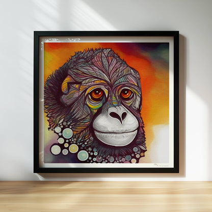 Porträt eines Affen mit bunten Kreisen und fantasievollem Ausdruck.. Rahmen schwarz 30x30