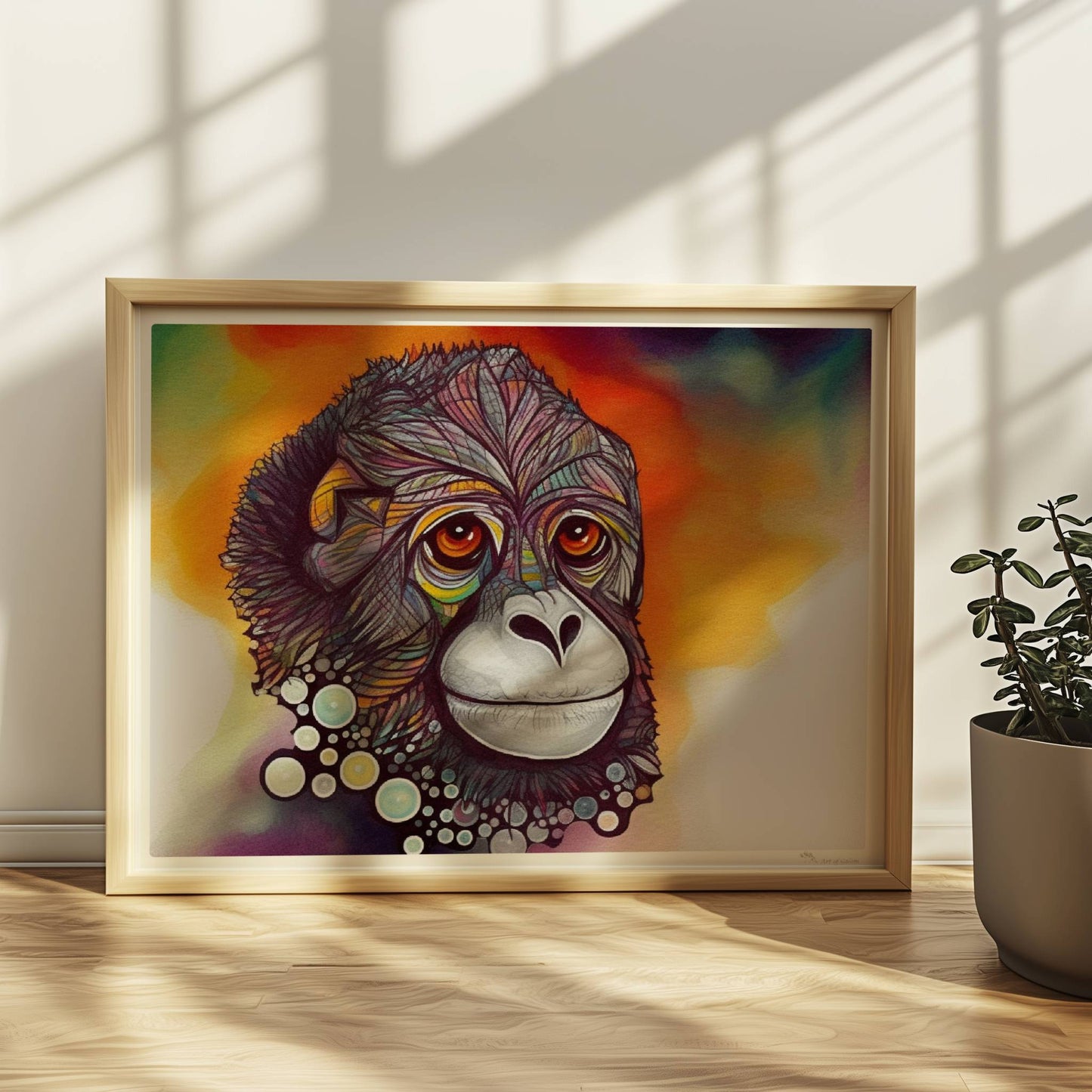 Porträt eines Affen mit bunten Kreisen und fantasievollem Ausdruck.. Rahmen natur 40x30