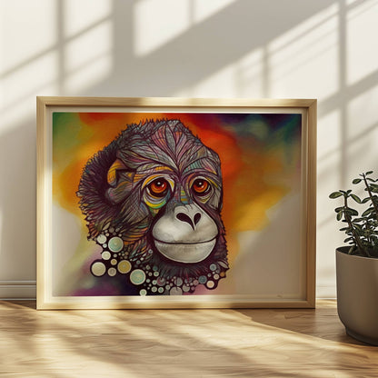 Porträt eines Affen mit bunten Kreisen und fantasievollem Ausdruck.. Rahmen natur 40x30