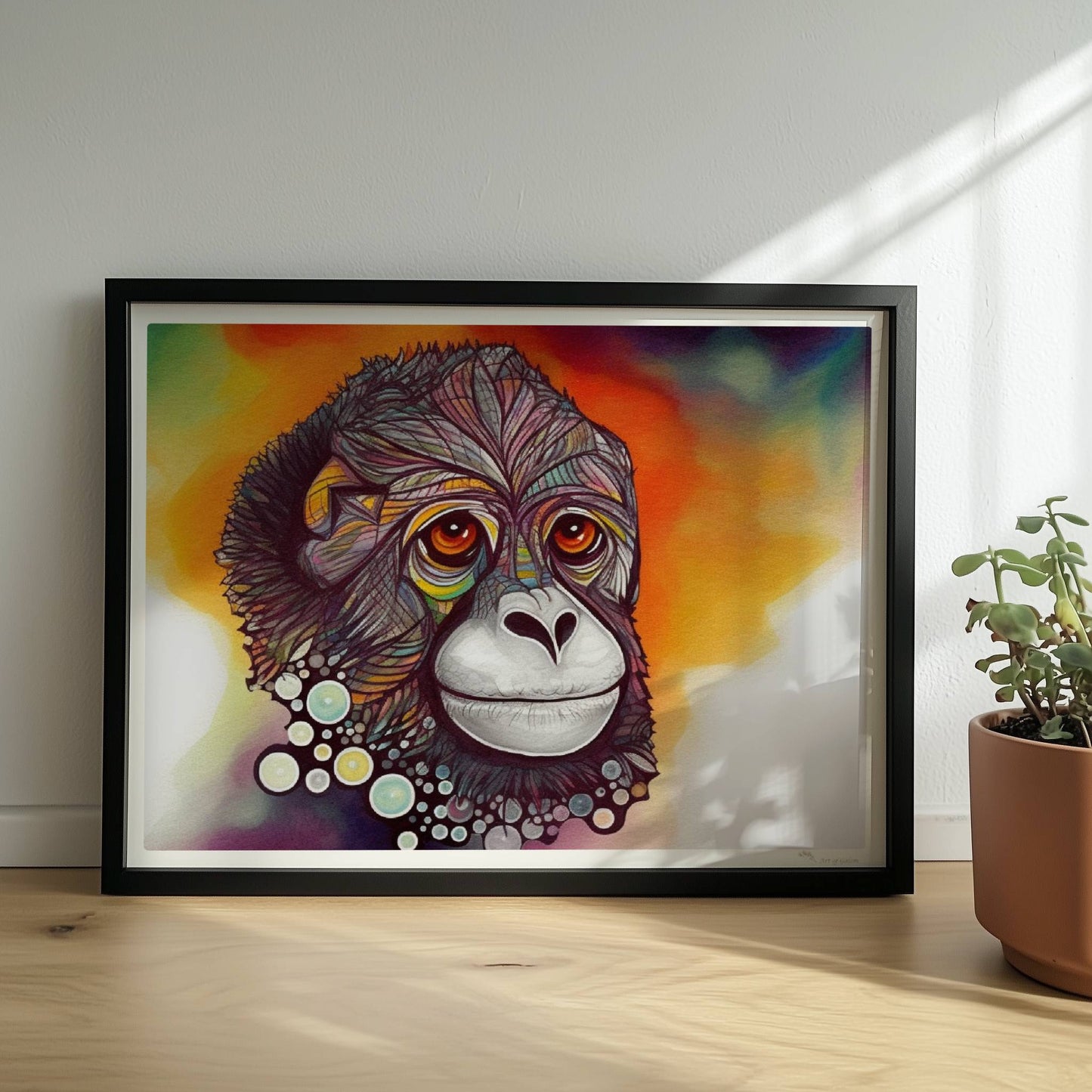 Porträt eines Affen mit bunten Kreisen und fantasievollem Ausdruck.. Rahmen schwarz 40x30