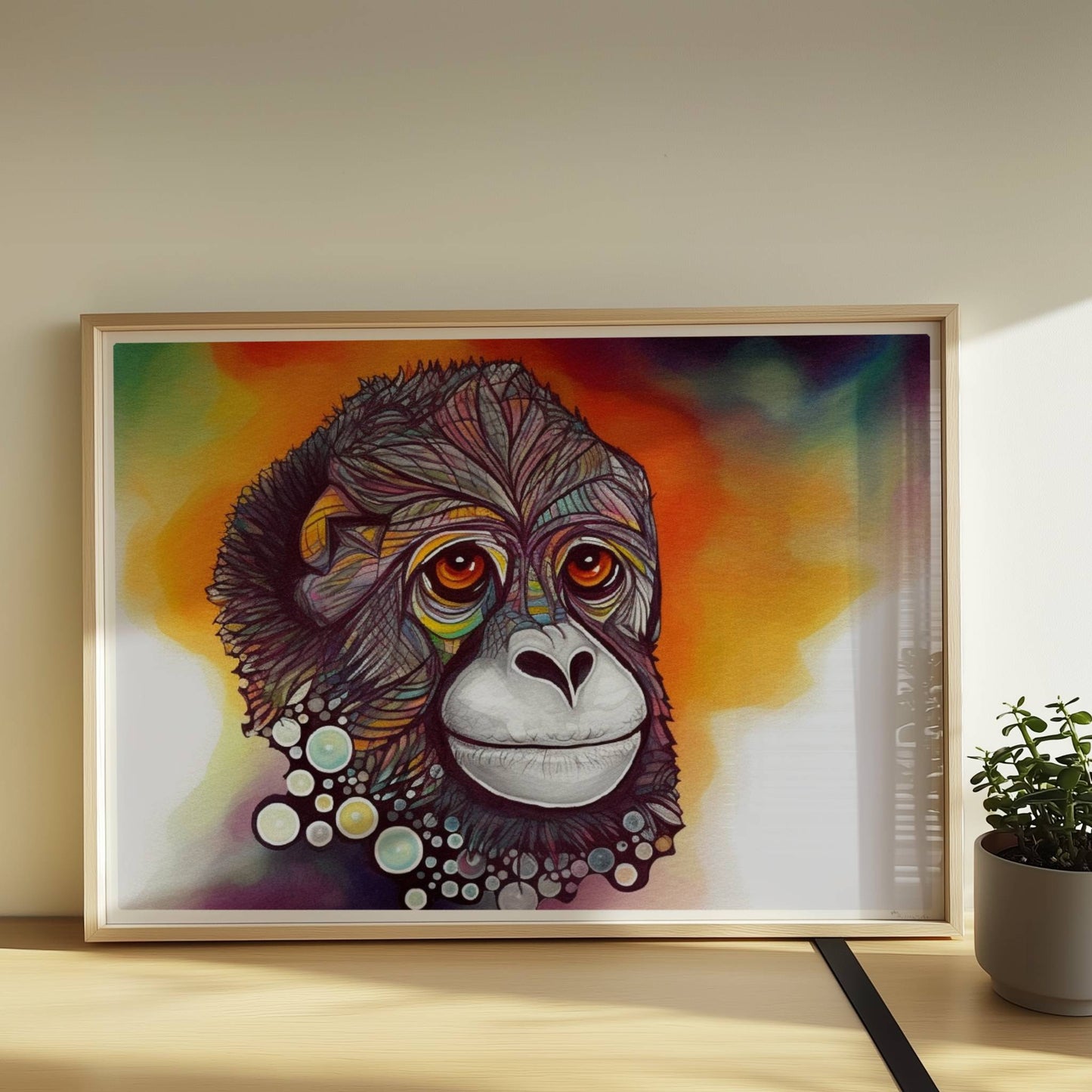 Porträt eines Affen mit bunten Kreisen und fantasievollem Ausdruck.. Rahmen natur 70x50