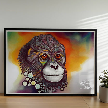 Porträt eines Affen mit bunten Kreisen und fantasievollem Ausdruck.. Rahmen schwarz 70x50