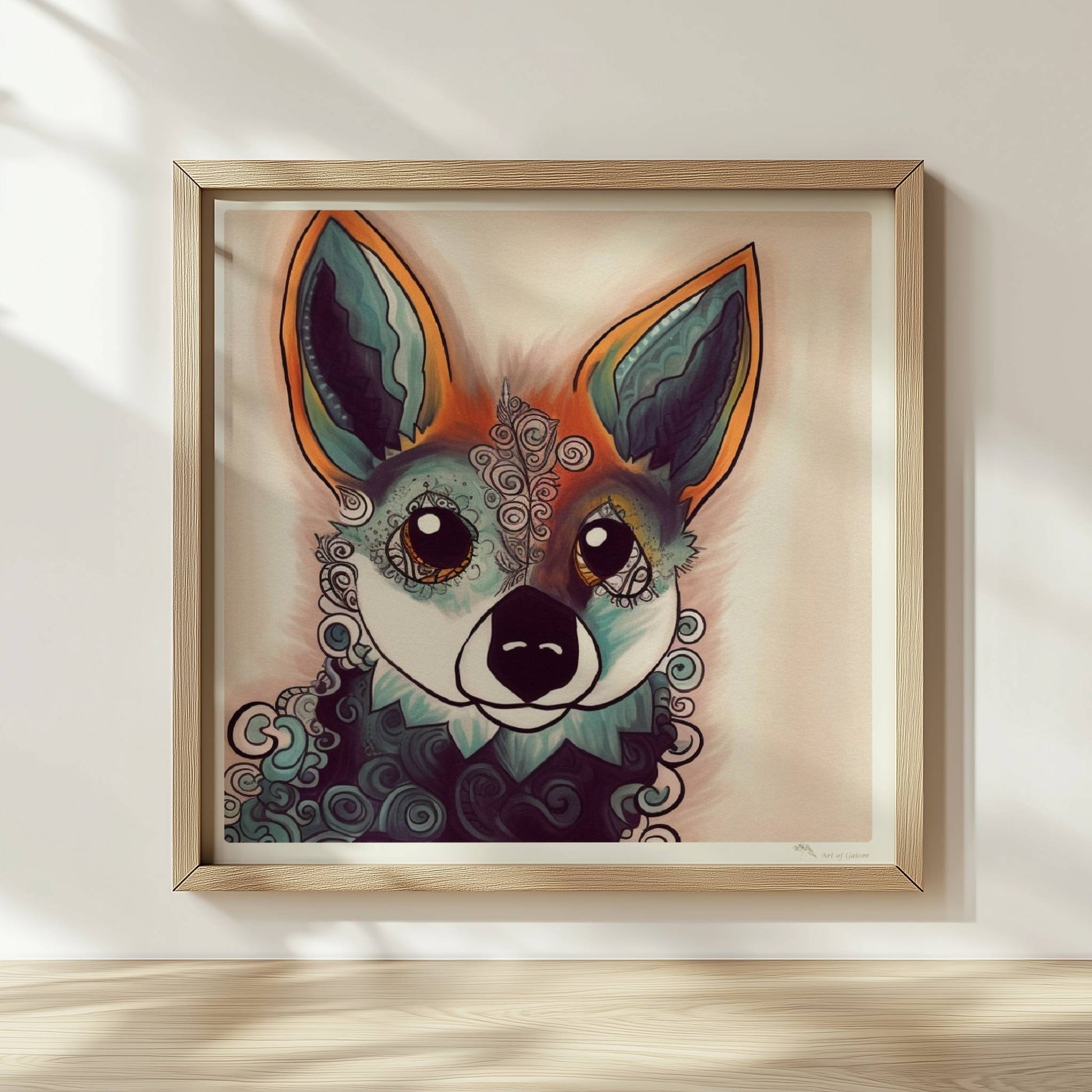 Fantasievolles Porträt eines Fuchses mit geschwungenen Mustern.. Rahmen natur 30x30