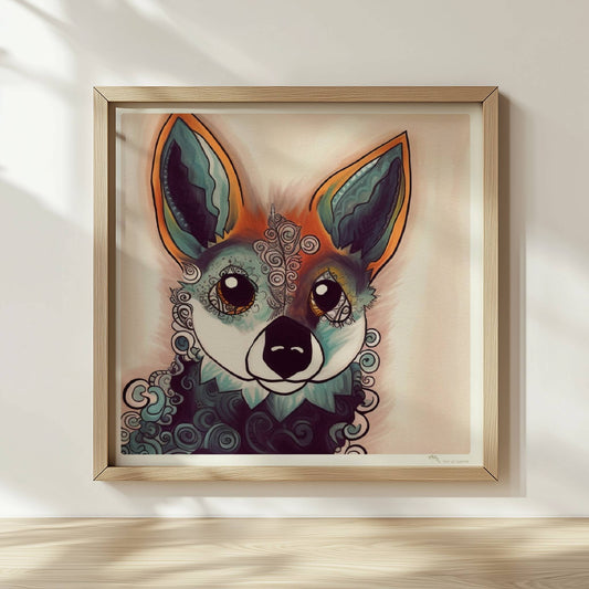 Fantasievolles Porträt eines Fuchses mit geschwungenen Mustern.. Rahmen natur 30x30