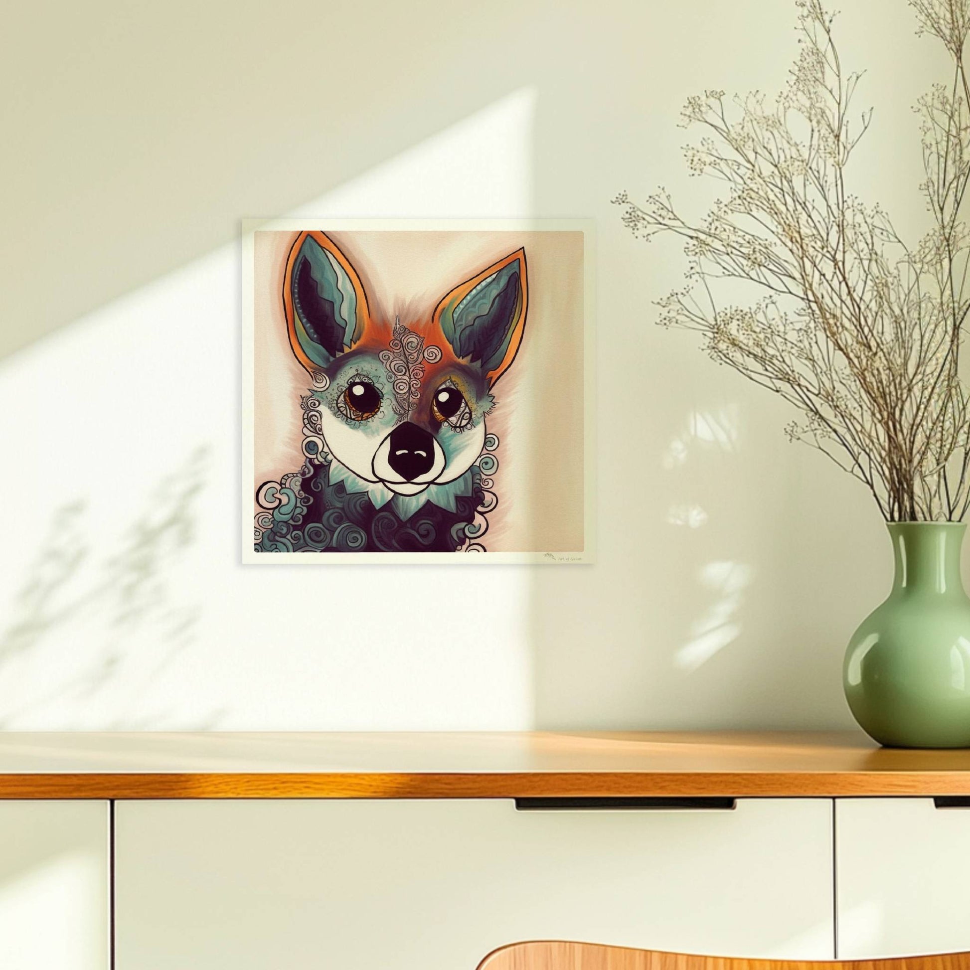 Fantasievolles Porträt eines Fuchses mit geschwungenen Mustern.. Ohne Rahmen 30x30