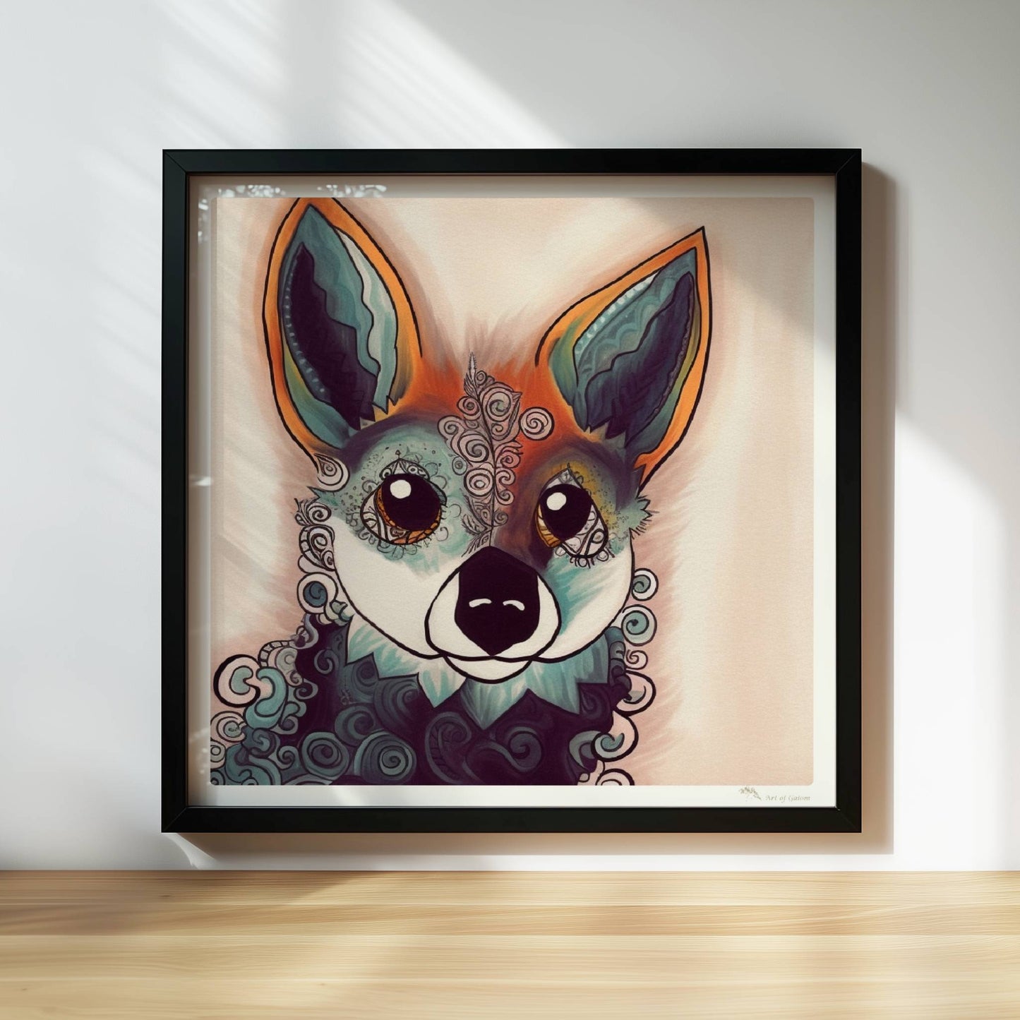 Fantasievolles Porträt eines Fuchses mit geschwungenen Mustern.. Rahmen schwarz 30x30