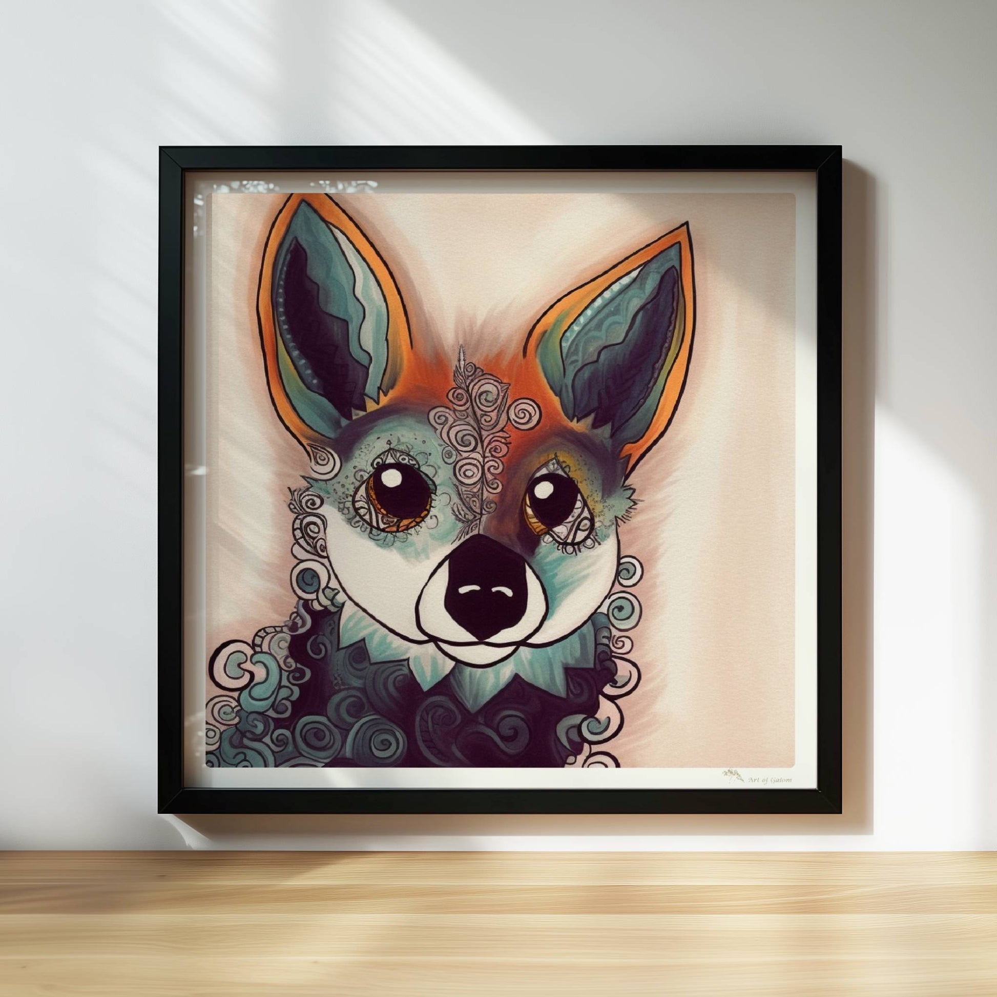 Fantasievolles Porträt eines Fuchses mit geschwungenen Mustern.. Rahmen schwarz 30x30