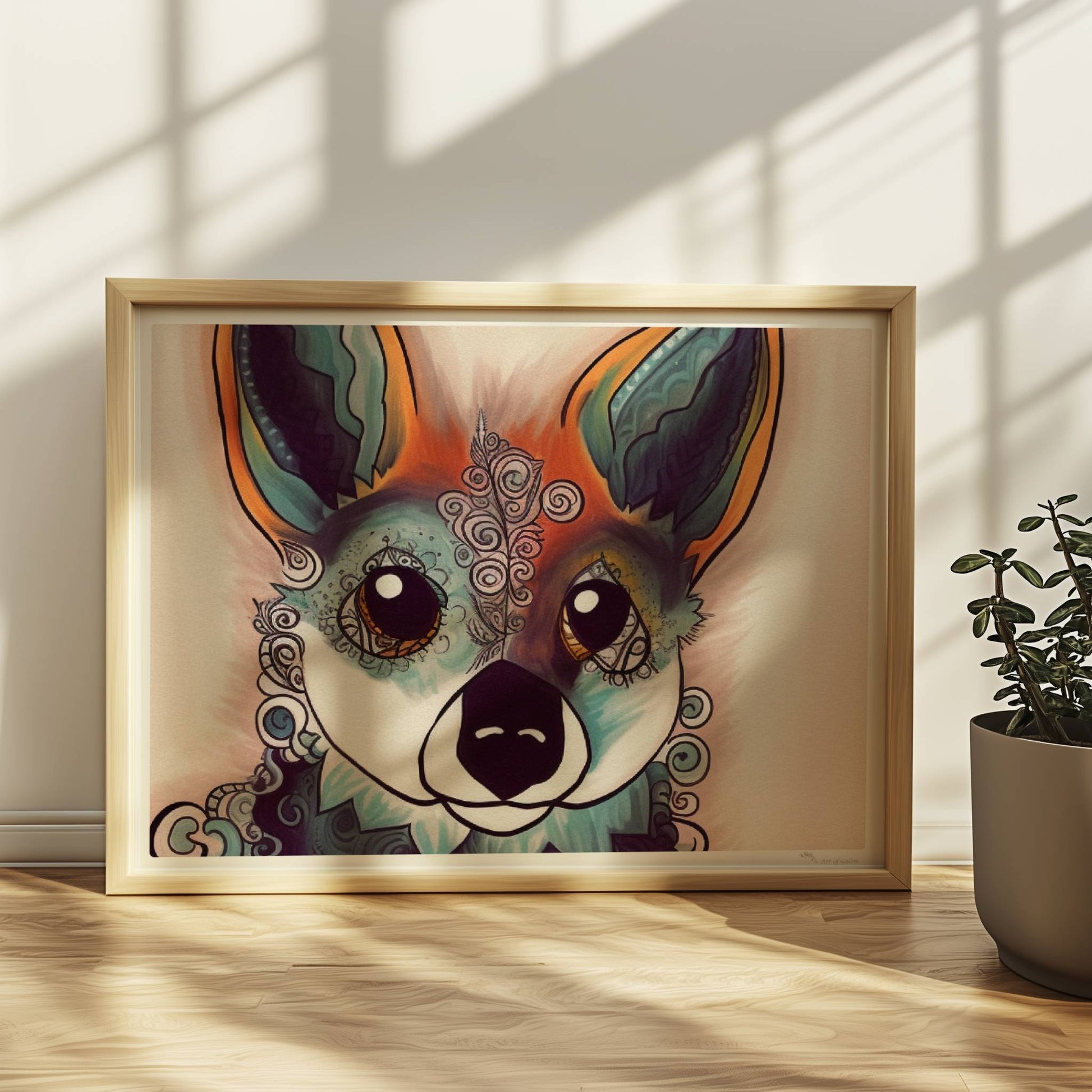 Fantasievolles Porträt eines Fuchses mit geschwungenen Mustern.. Rahmen natur 40x30