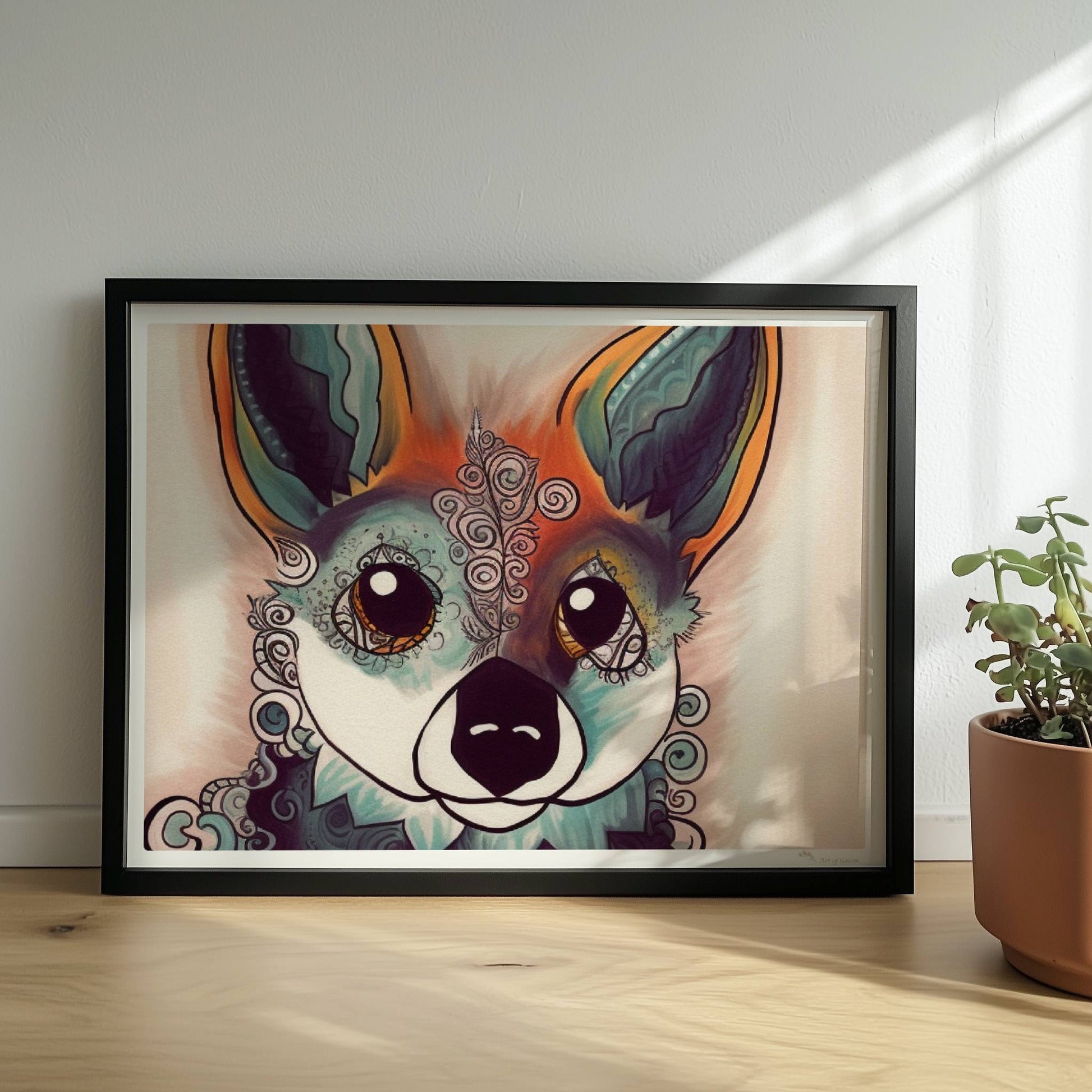 Fantasievolles Porträt eines Fuchses mit geschwungenen Mustern.. Rahmen schwarz 40x30