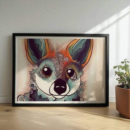 Fantasievolles Porträt eines Fuchses mit geschwungenen Mustern.. Rahmen schwarz 40x30