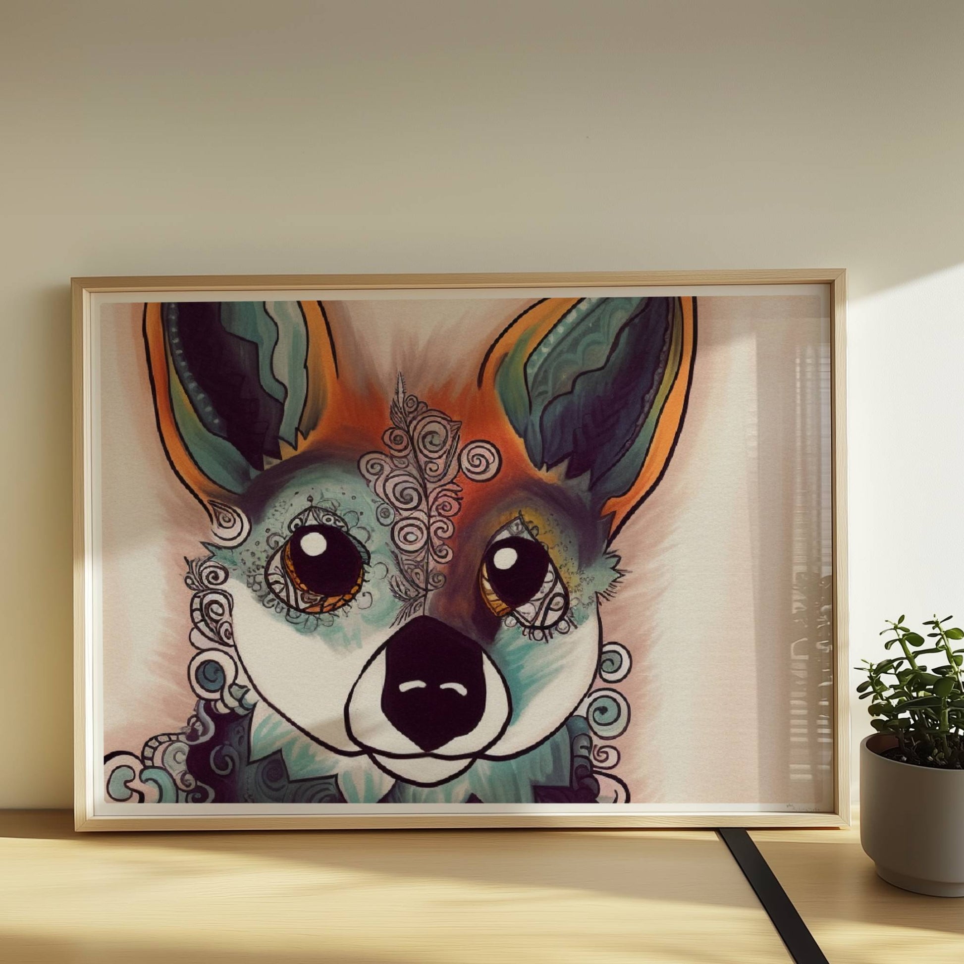 Fantasievolles Porträt eines Fuchses mit geschwungenen Mustern.. Rahmen natur 70x50