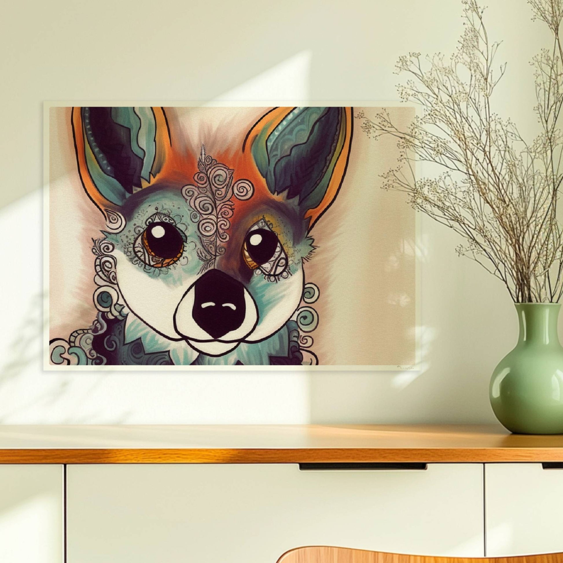 Fantasievolles Porträt eines Fuchses mit geschwungenen Mustern.. Ohne Rahmen 70x50