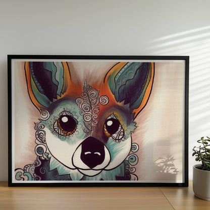 Fantasievolles Porträt eines Fuchses mit geschwungenen Mustern.. Rahmen schwarz 70x50