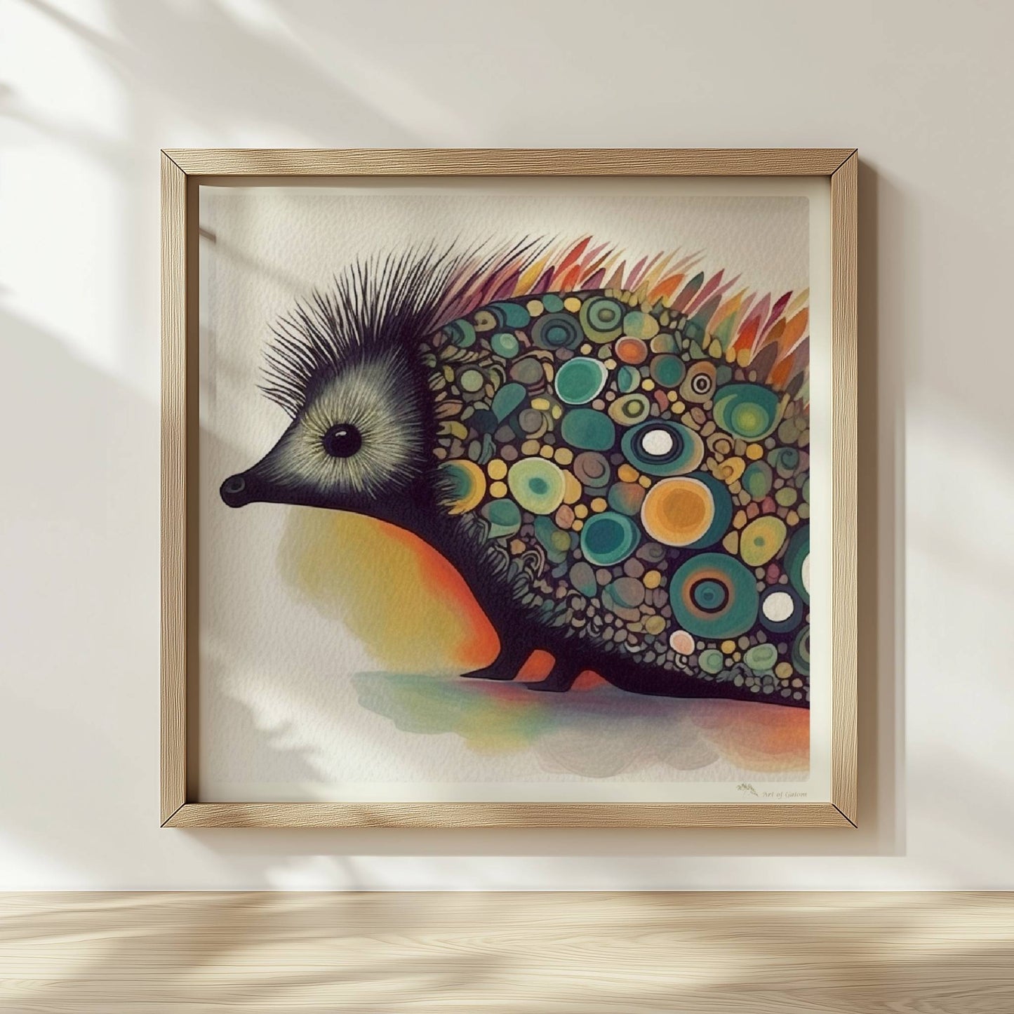 Bunter Igel mit stilisierten runden Mustern auf dem Rücken.. Rahmen natur 30x30