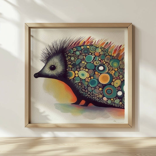 Bunter Igel mit stilisierten runden Mustern auf dem Rücken.. Rahmen natur 30x30