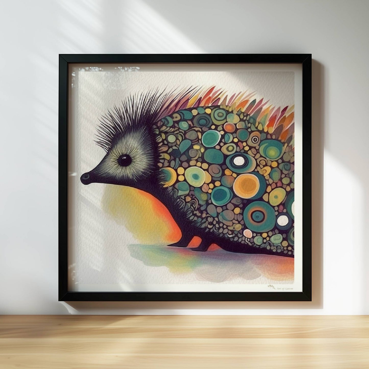 Bunter Igel mit stilisierten runden Mustern auf dem Rücken.. Rahmen schwarz 30x30