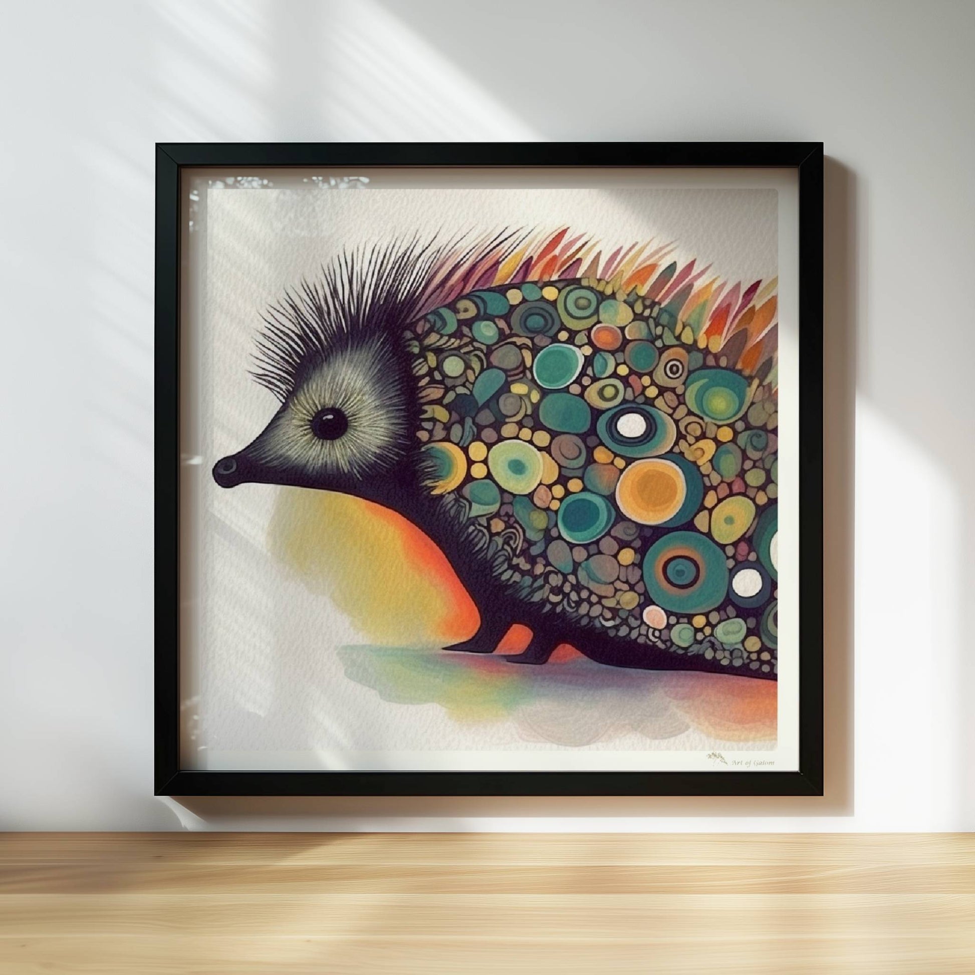 Bunter Igel mit stilisierten runden Mustern auf dem Rücken.. Rahmen schwarz 30x30