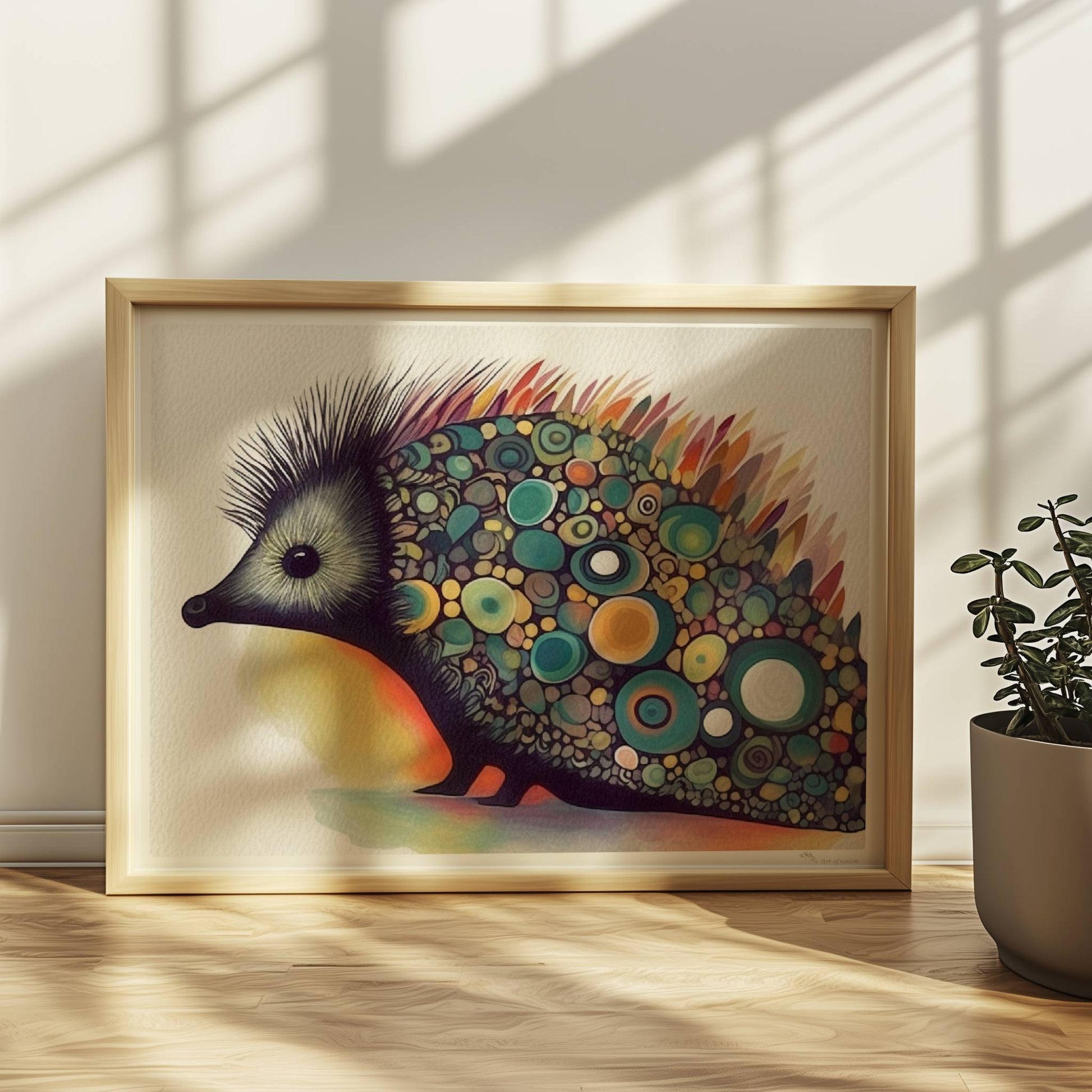 Bunter Igel mit stilisierten runden Mustern auf dem Rücken.. Rahmen natur 40x30