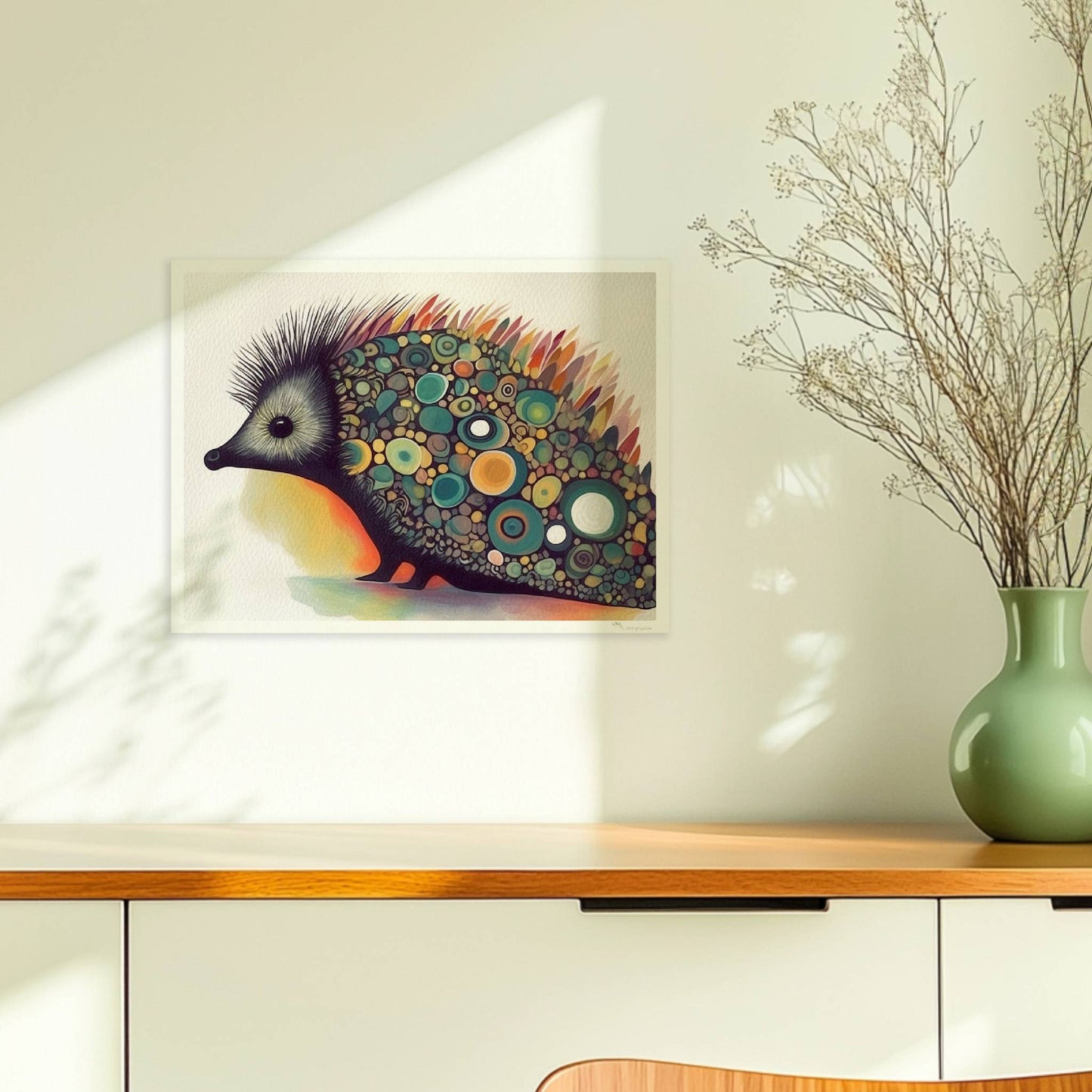 Bunter Igel mit stilisierten runden Mustern auf dem Rücken.. Ohne Rahmen 40x30