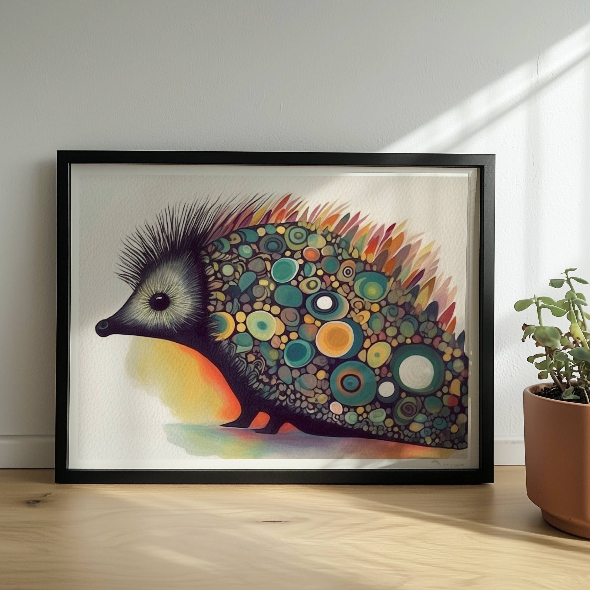Bunter Igel mit stilisierten runden Mustern auf dem Rücken.. Rahmen schwarz 40x30