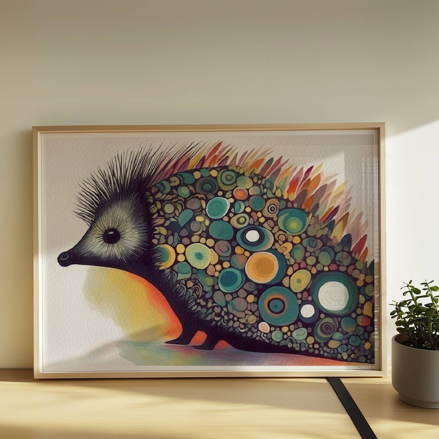 Bunter Igel mit stilisierten runden Mustern auf dem Rücken.. Rahmen natur 70x50