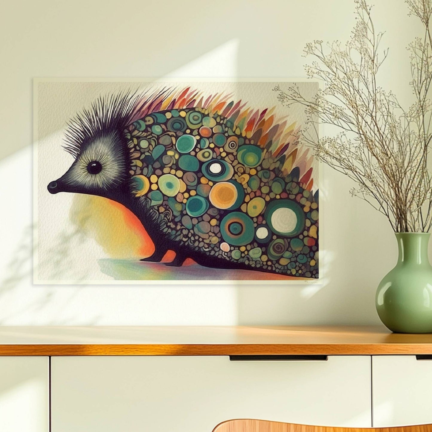 Bunter Igel mit stilisierten runden Mustern auf dem Rücken.. Ohne Rahmen 70x50