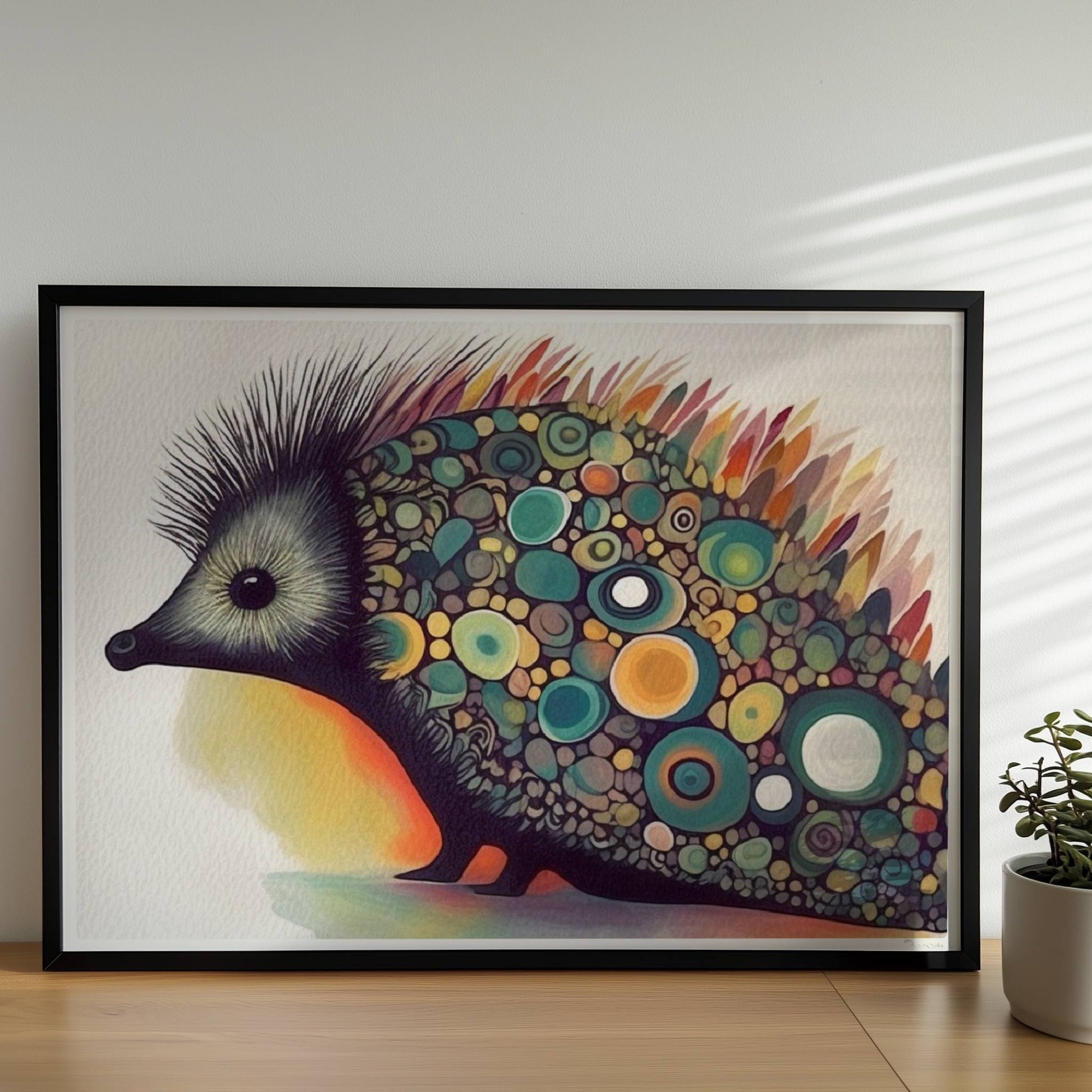 Bunter Igel mit stilisierten runden Mustern auf dem Rücken.. Rahmen schwarz 70x50