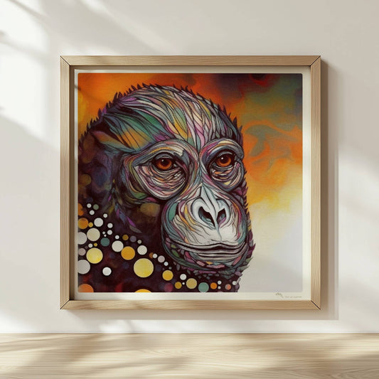 Ausdrucksstarkes Affenporträt mit Kreisen in Gelb und Weiß.. Rahmen natur 30x30