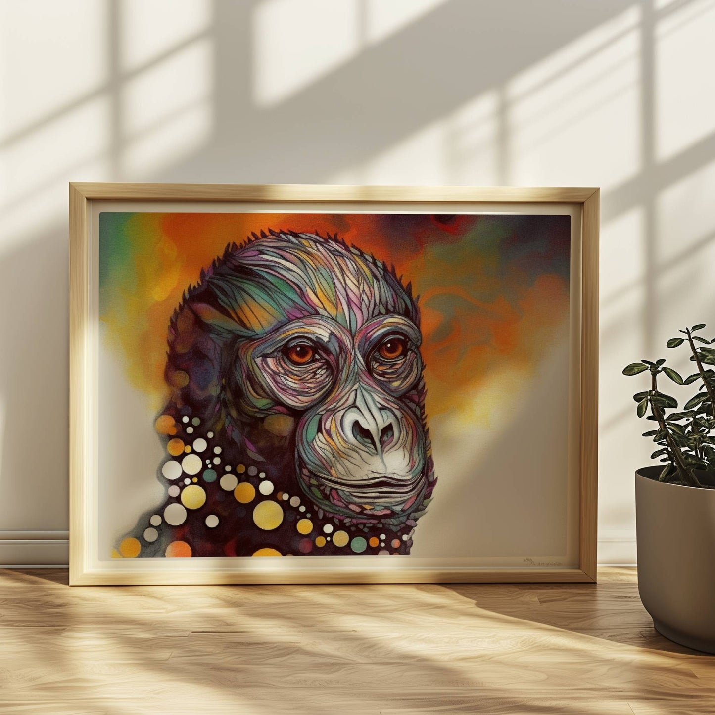 Ausdrucksstarkes Affenporträt mit Kreisen in Gelb und Weiß.. Rahmen natur 40x30
