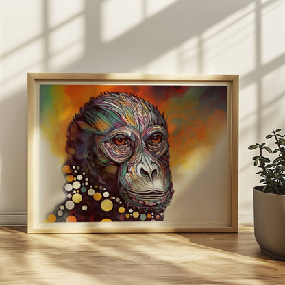 Ausdrucksstarkes Affenporträt mit Kreisen in Gelb und Weiß.. Rahmen natur 40x30