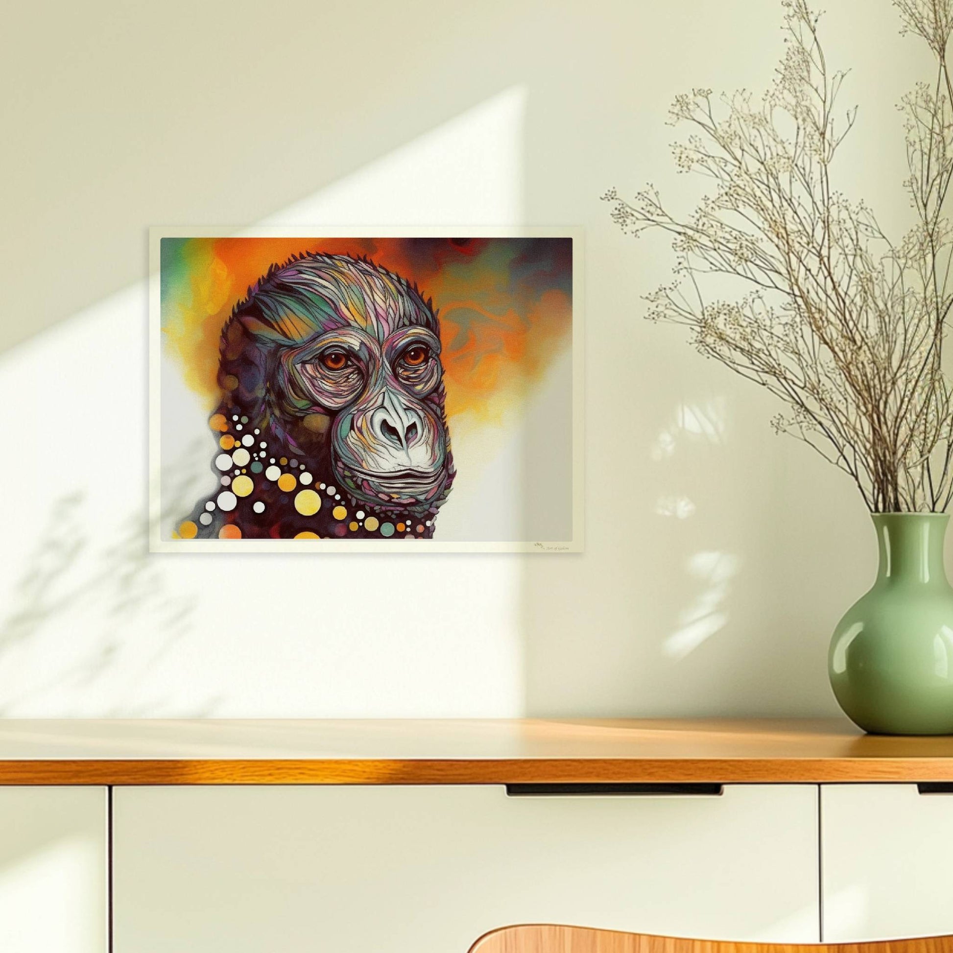 Ausdrucksstarkes Affenporträt mit Kreisen in Gelb und Weiß.. Ohne Rahmen 40x30