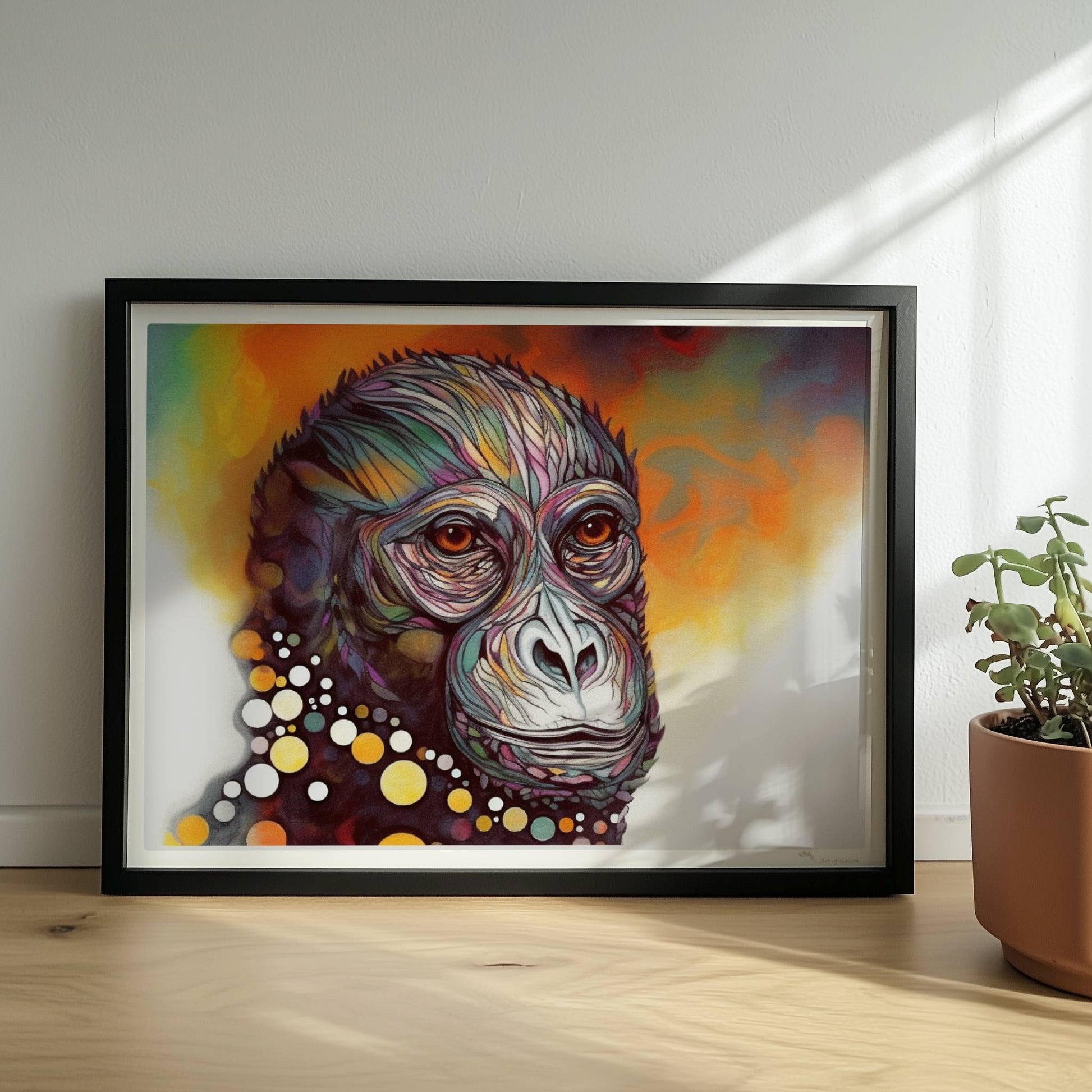 Ausdrucksstarkes Affenporträt mit Kreisen in Gelb und Weiß.. Rahmen schwarz 40x30