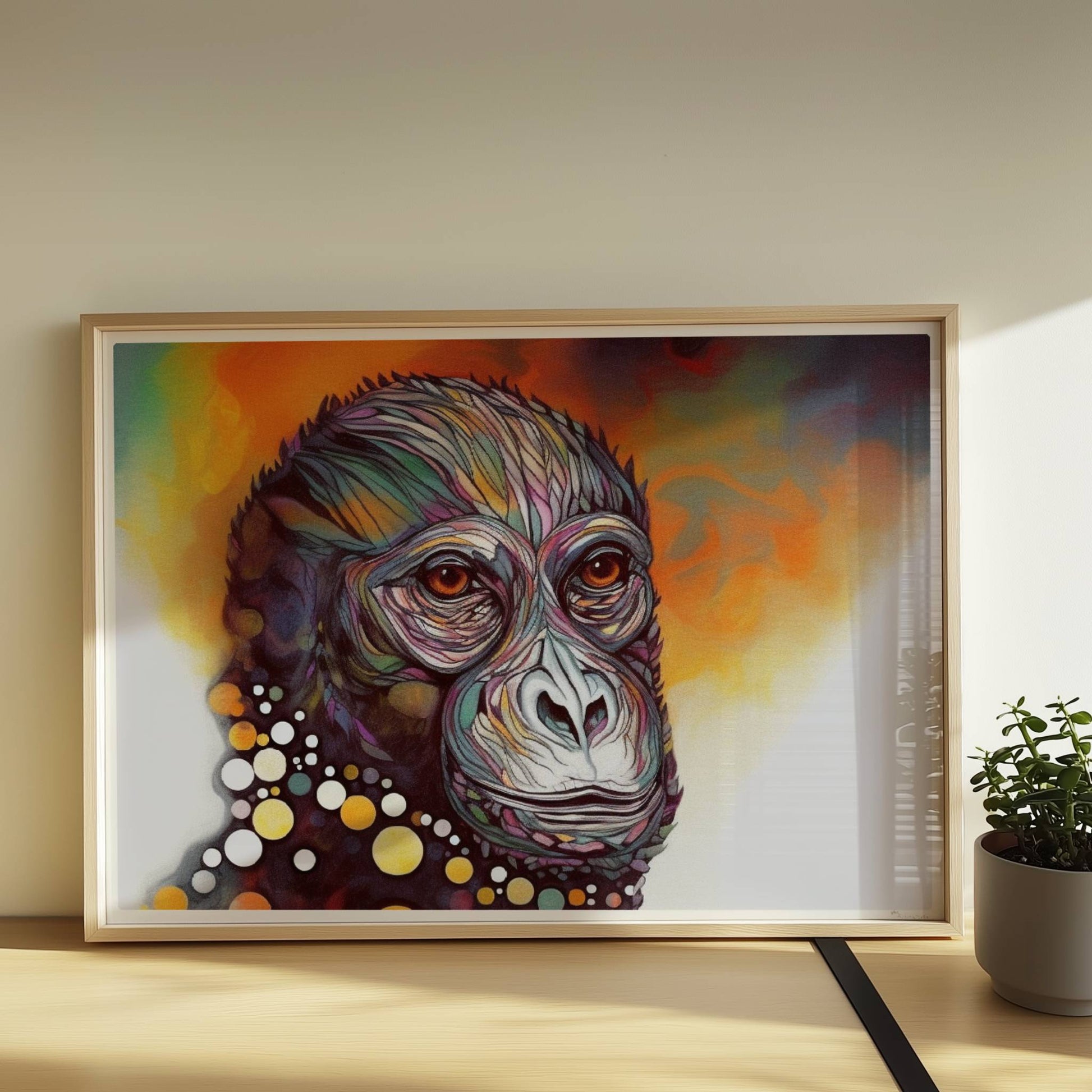 Ausdrucksstarkes Affenporträt mit Kreisen in Gelb und Weiß.. Rahmen natur 70x50