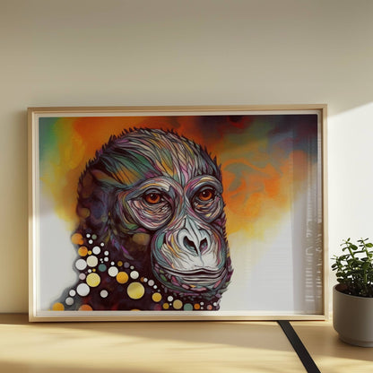 Ausdrucksstarkes Affenporträt mit Kreisen in Gelb und Weiß.. Rahmen natur 70x50
