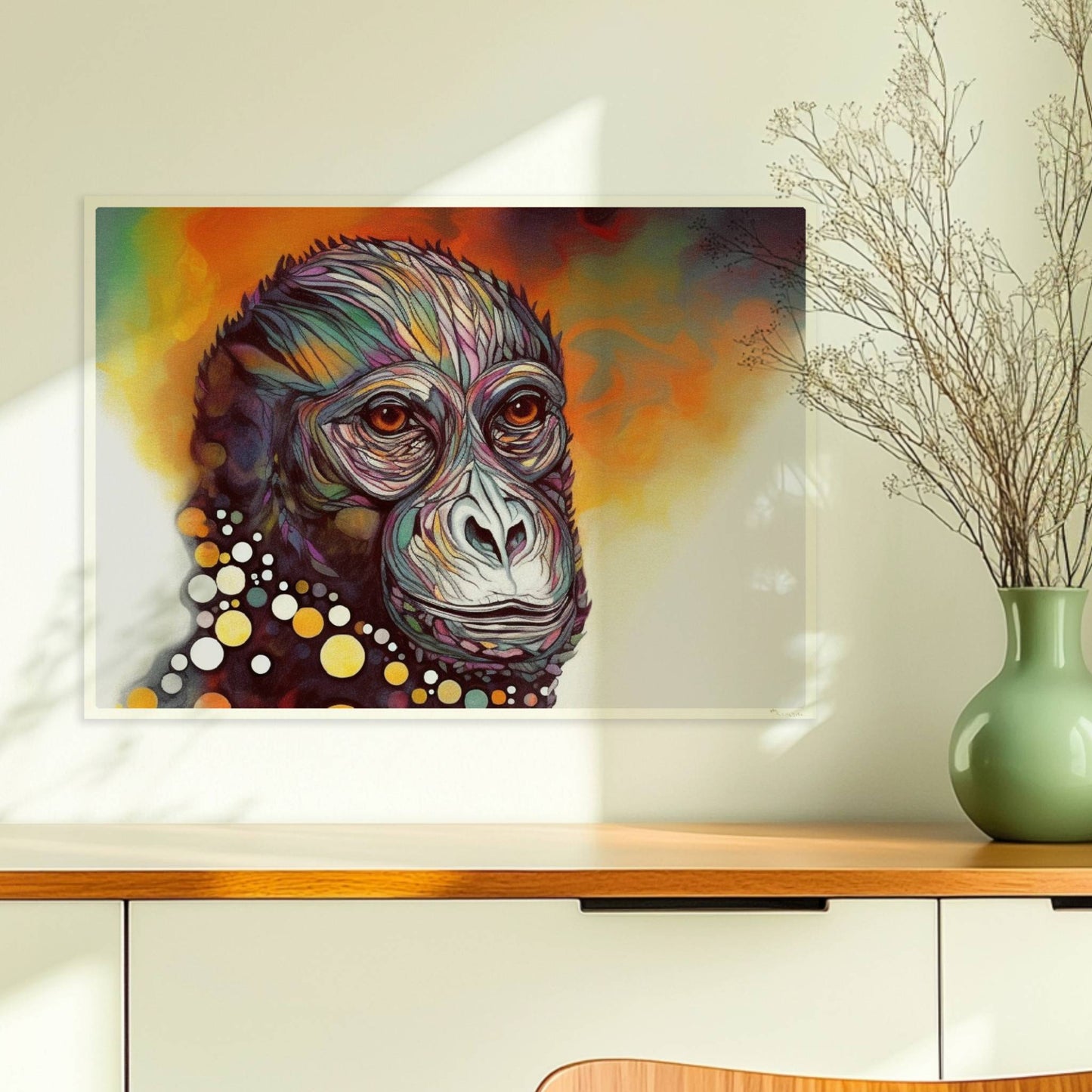 Ausdrucksstarkes Affenporträt mit Kreisen in Gelb und Weiß.. Ohne Rahmen 70x50
