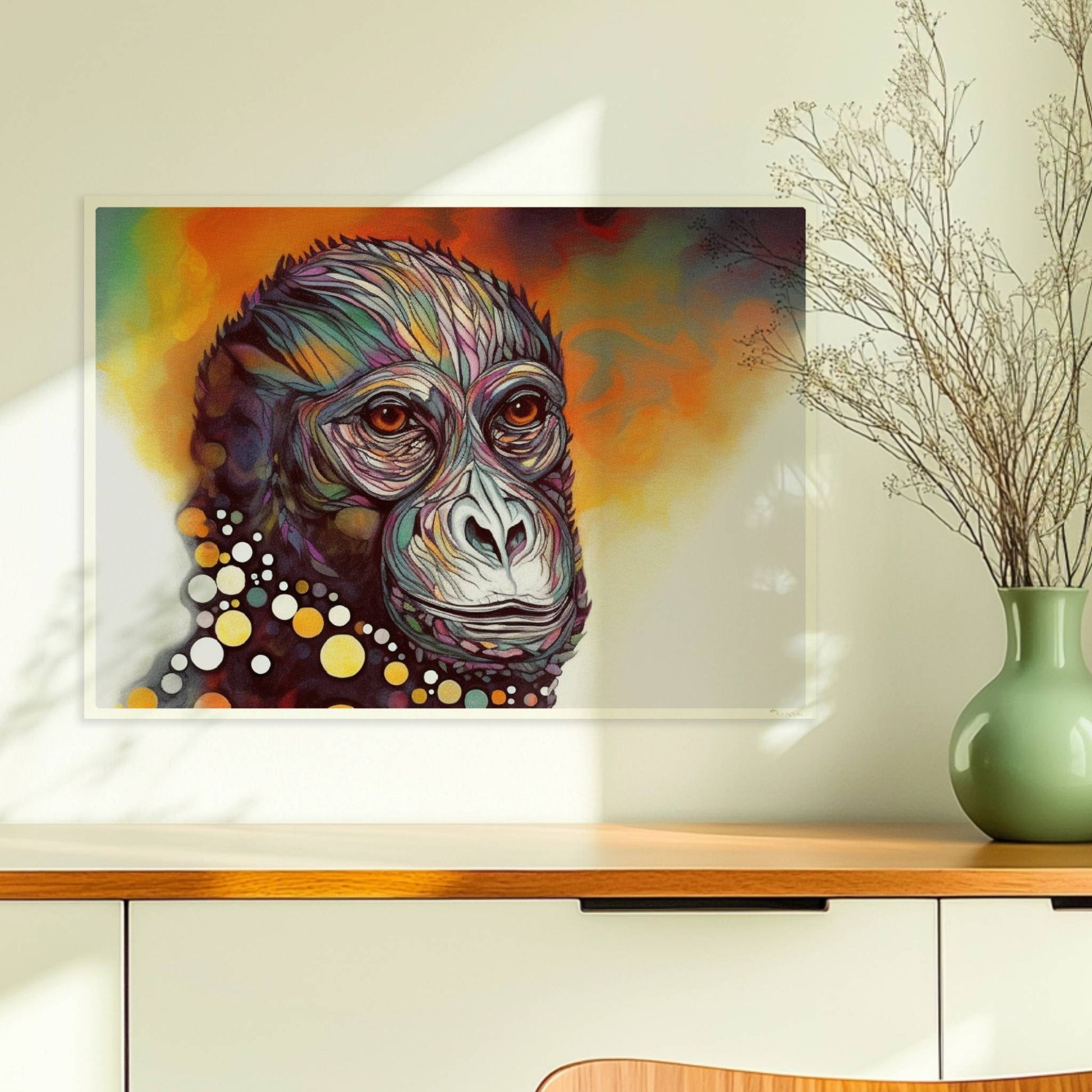 Ausdrucksstarkes Affenporträt mit Kreisen in Gelb und Weiß.. Ohne Rahmen 70x50