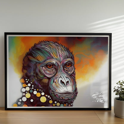 Ausdrucksstarkes Affenporträt mit Kreisen in Gelb und Weiß.. Rahmen schwarz 70x50
