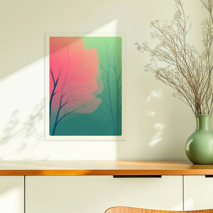 Waldlandschaft mit rosa Blütentzweigen im Frühlingslicht.. Ohne Rahmen 30x40
