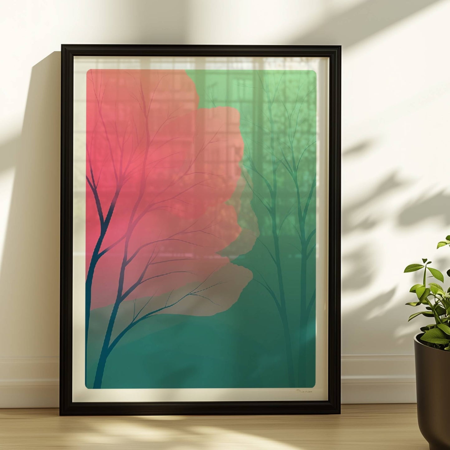 Waldlandschaft mit rosa Blütentzweigen im Frühlingslicht.. Rahmen schwarz 30x40