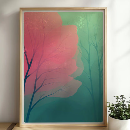 Waldlandschaft mit rosa Blütentzweigen im Frühlingslicht.. Rahmen natur 50x70