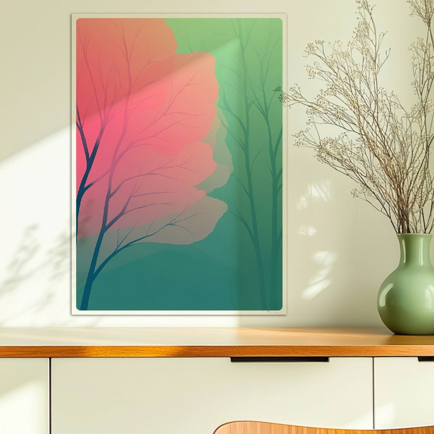 Waldlandschaft mit rosa Blütentzweigen im Frühlingslicht.. Ohne Rahmen 50x70