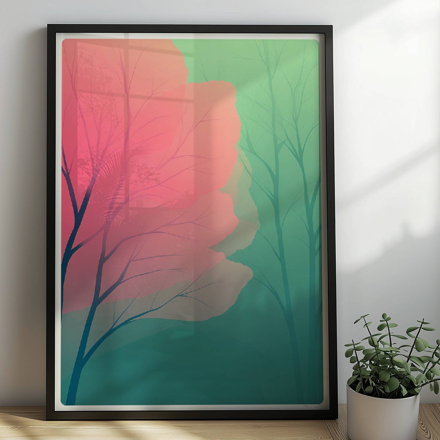 Waldlandschaft mit rosa Blütentzweigen im Frühlingslicht.. Rahmen schwarz 50x70
