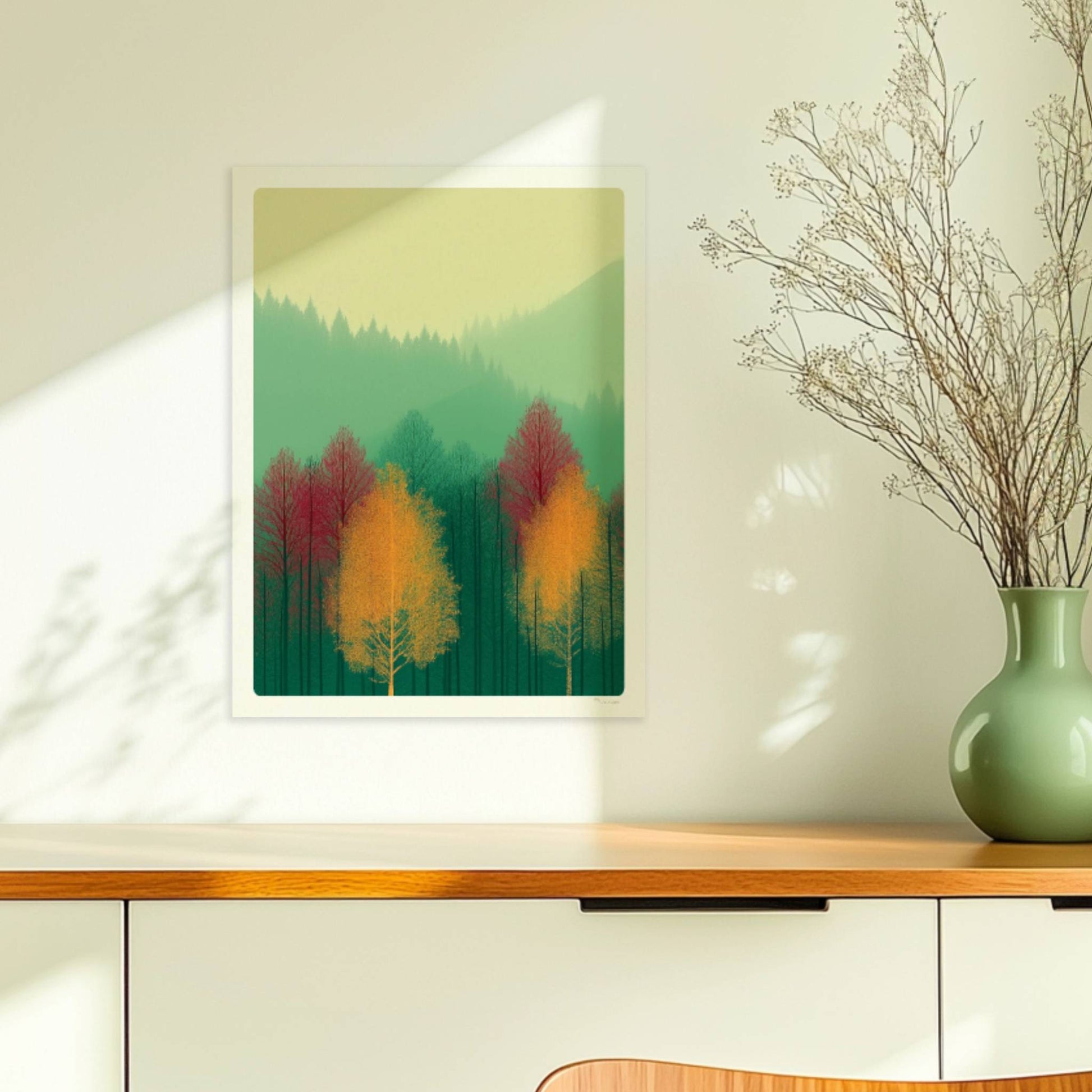 Naturstimmung mit roter Baumkrone im Nebel.. Ohne Rahmen 30x40
