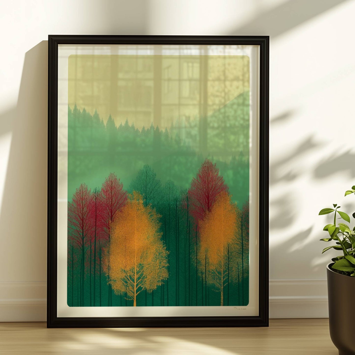 Naturstimmung mit roter Baumkrone im Nebel.. Rahmen schwarz 30x40