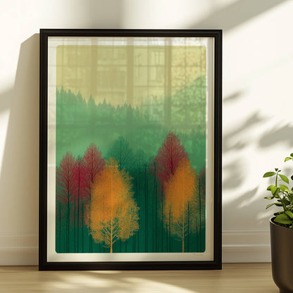 Naturstimmung mit roter Baumkrone im Nebel.. Rahmen schwarz 30x40