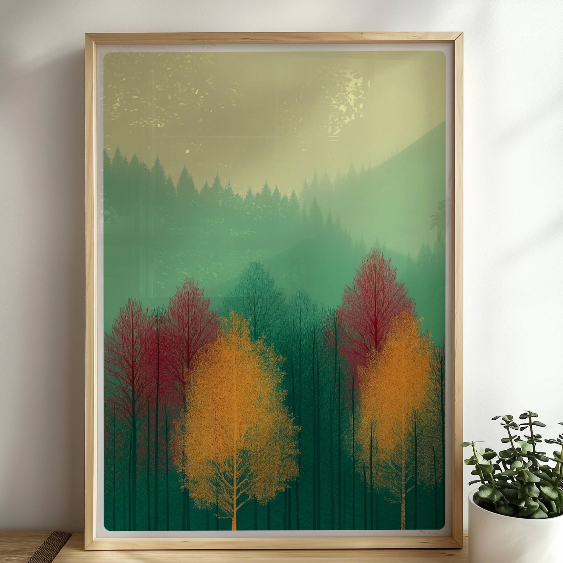 Naturstimmung mit roter Baumkrone im Nebel.. Rahmen natur 50x70