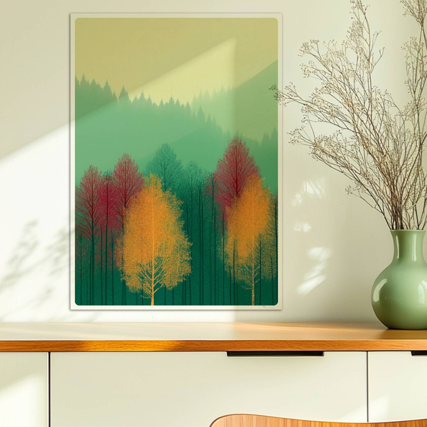 Naturstimmung mit roter Baumkrone im Nebel.. Ohne Rahmen 50x70