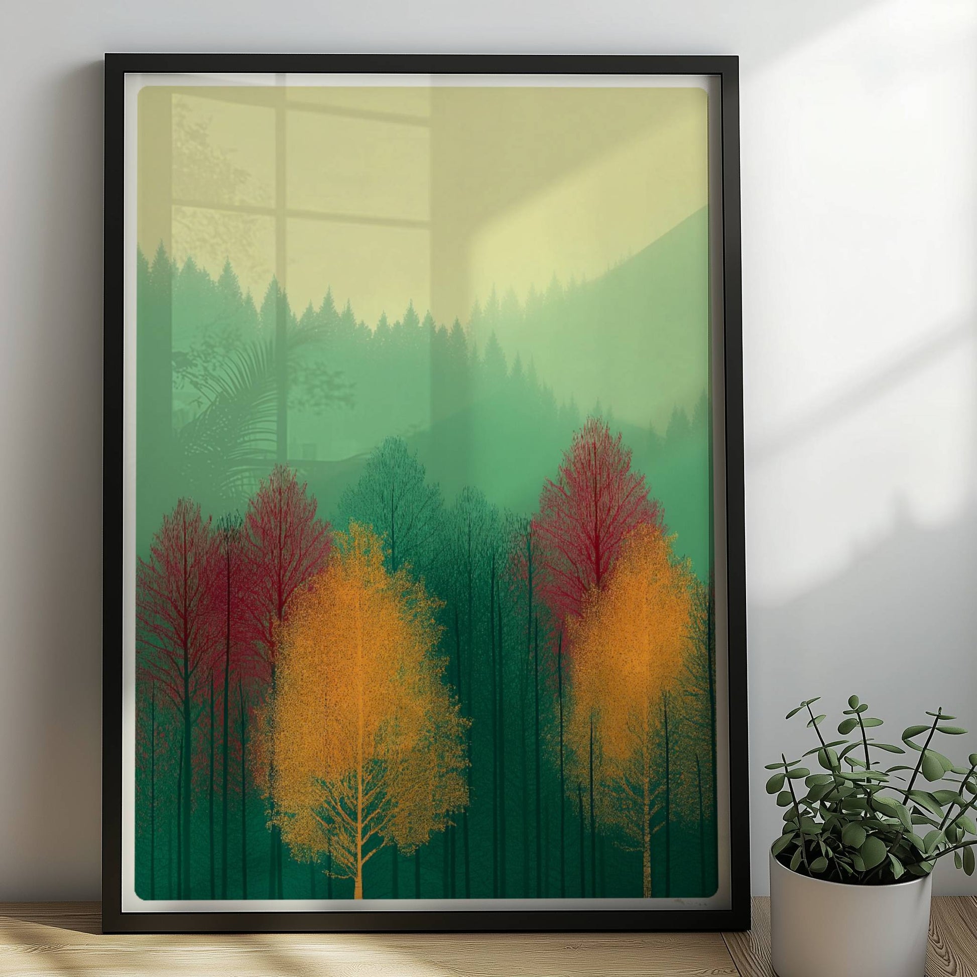 Naturstimmung mit roter Baumkrone im Nebel.. Rahmen schwarz 50x70