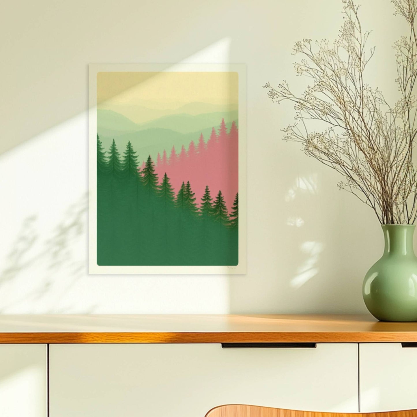 Berglandschaft mit Tannen im Morgennebel.. Ohne Rahmen 30x40
