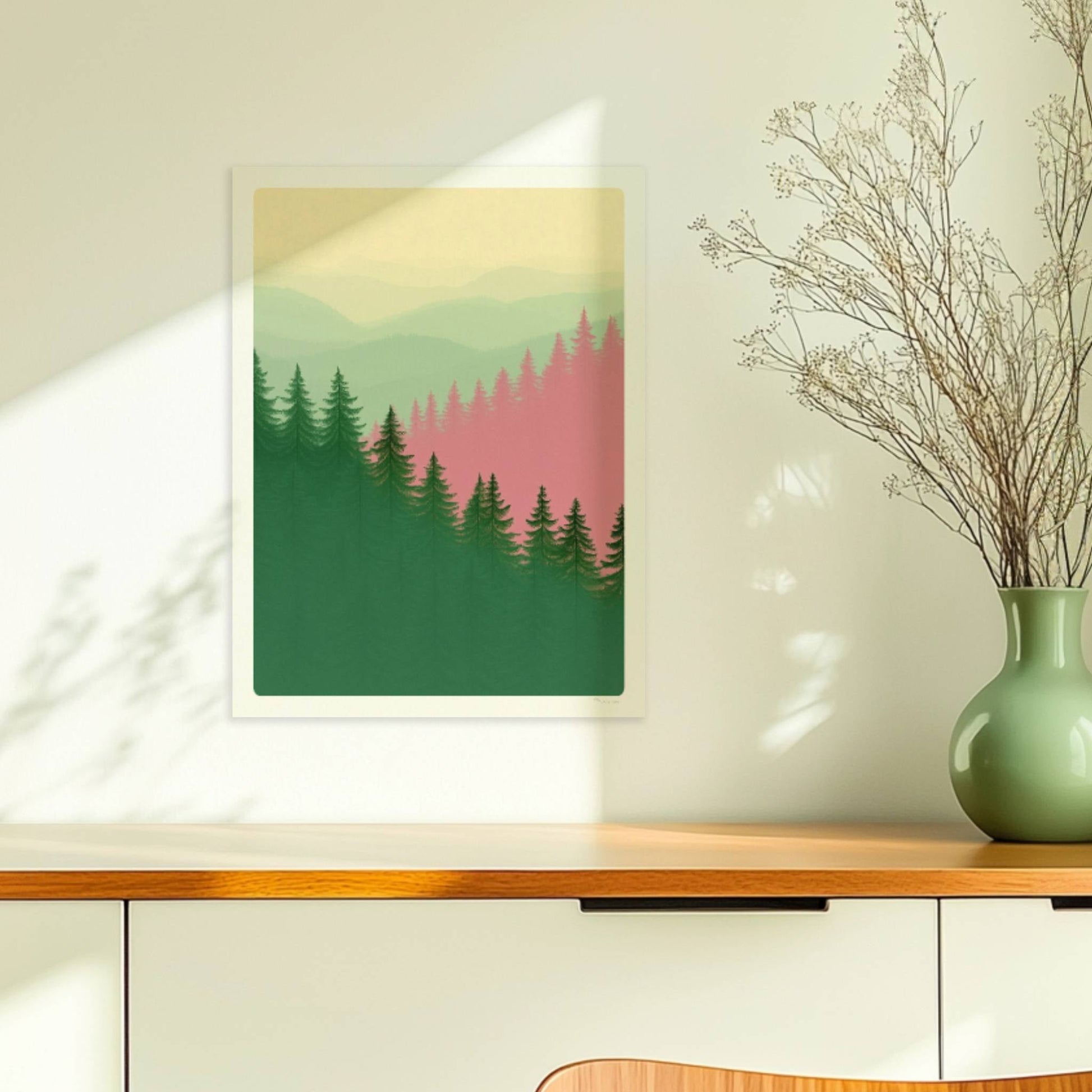 Berglandschaft mit Tannen im Morgennebel.. Ohne Rahmen 30x40